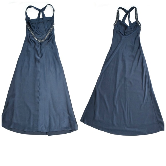 BCBG Deep Blue Draped Beaded A-line Formal Gown - Picture 8 of 8